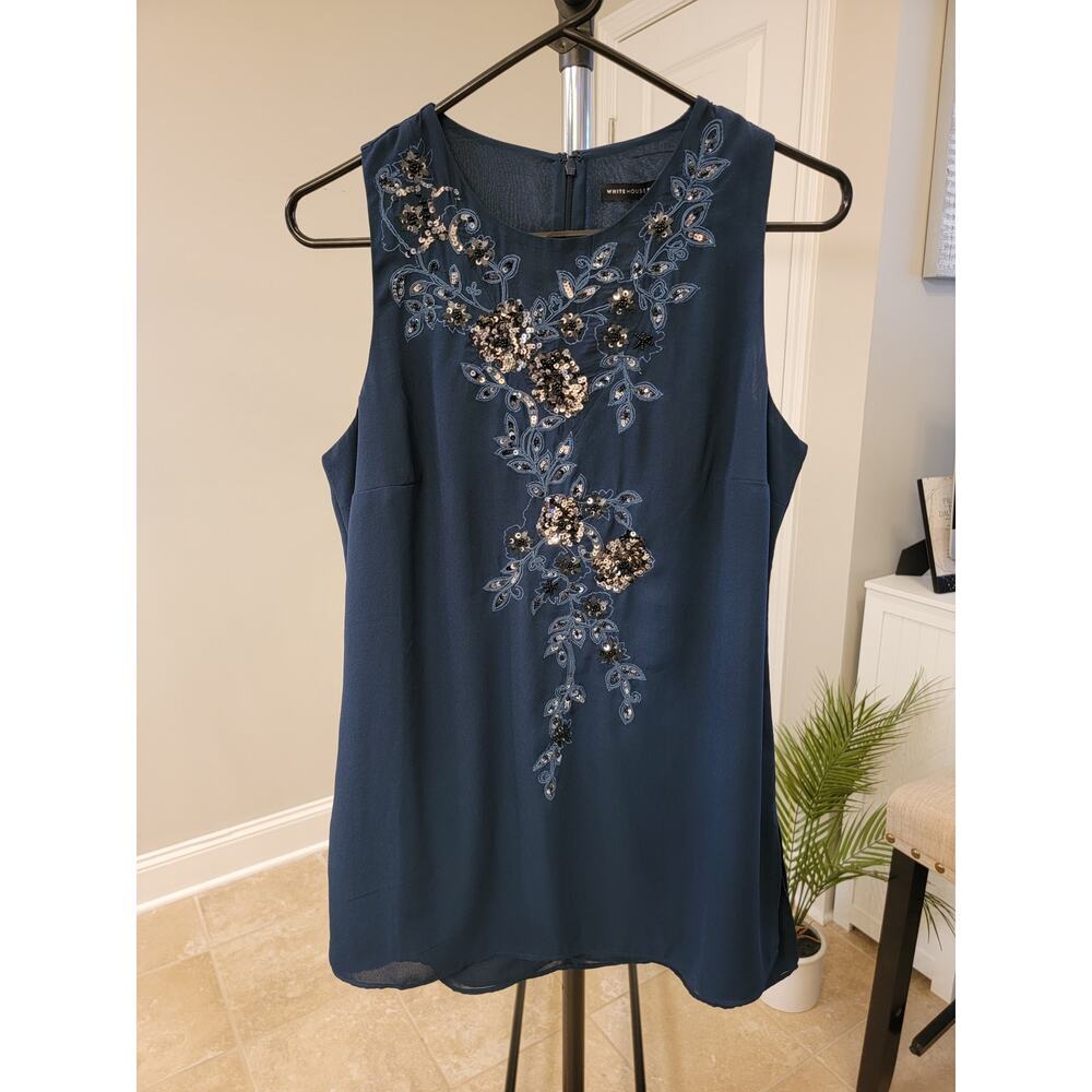 White House Black Market Navy Blue Floral Sequin Beaded Sleeveless Top Size 6⁠